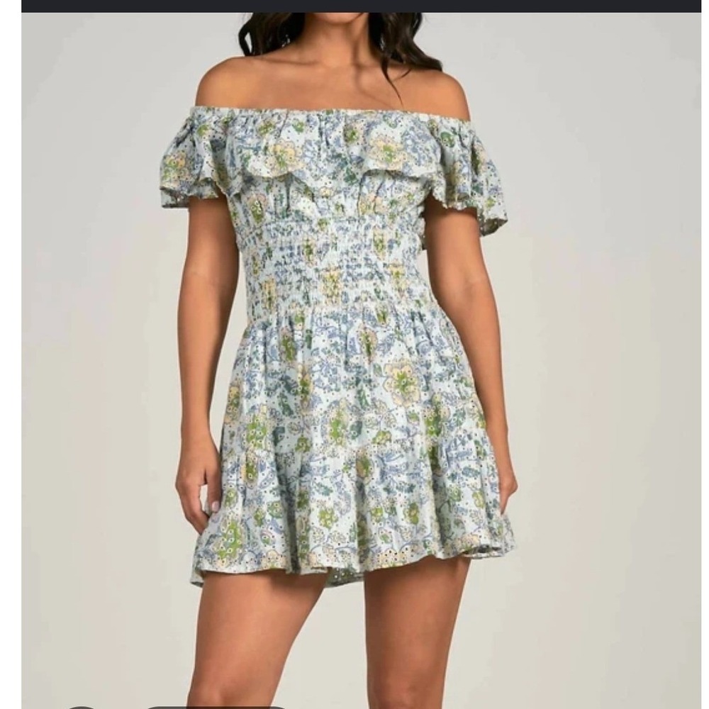 Elan Eyelet Mini Dress Womens Small Blue Floral Smocked Off Shoulder E
